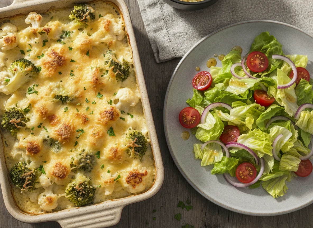 Brokkoli-Blumenkohl-Gratin mit Beilagensalat photo