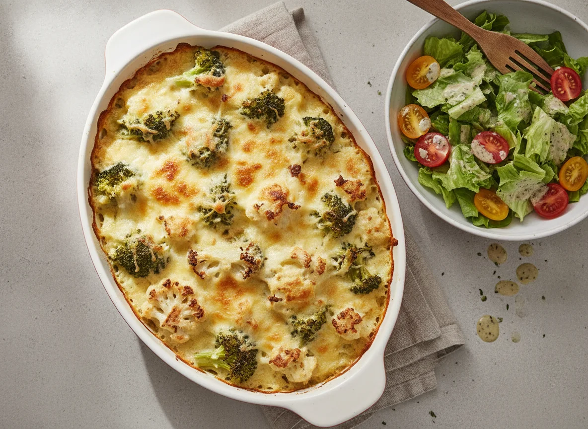 Brokkoli-Blumenkohl-Gratin mit Salat photo