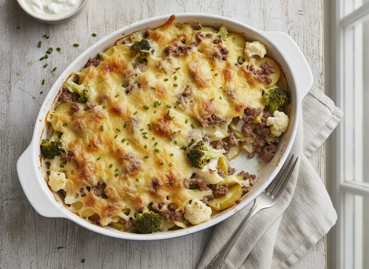 Brokkoli-Blumenkohl-Kartoffel-Auflauf mit Hackfleisch photo