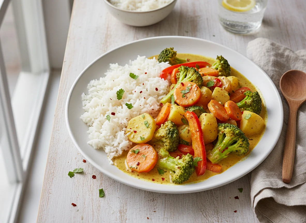 Brokkoli-Gemüse-Curry mit Reis photo