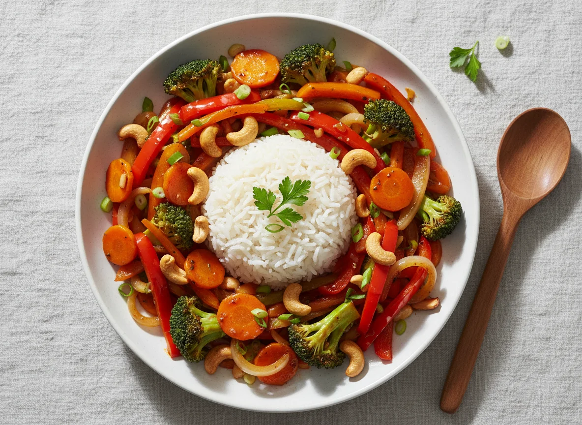 Brokkoli-Gemüsepfanne mit Reis und Cashewkernen photo