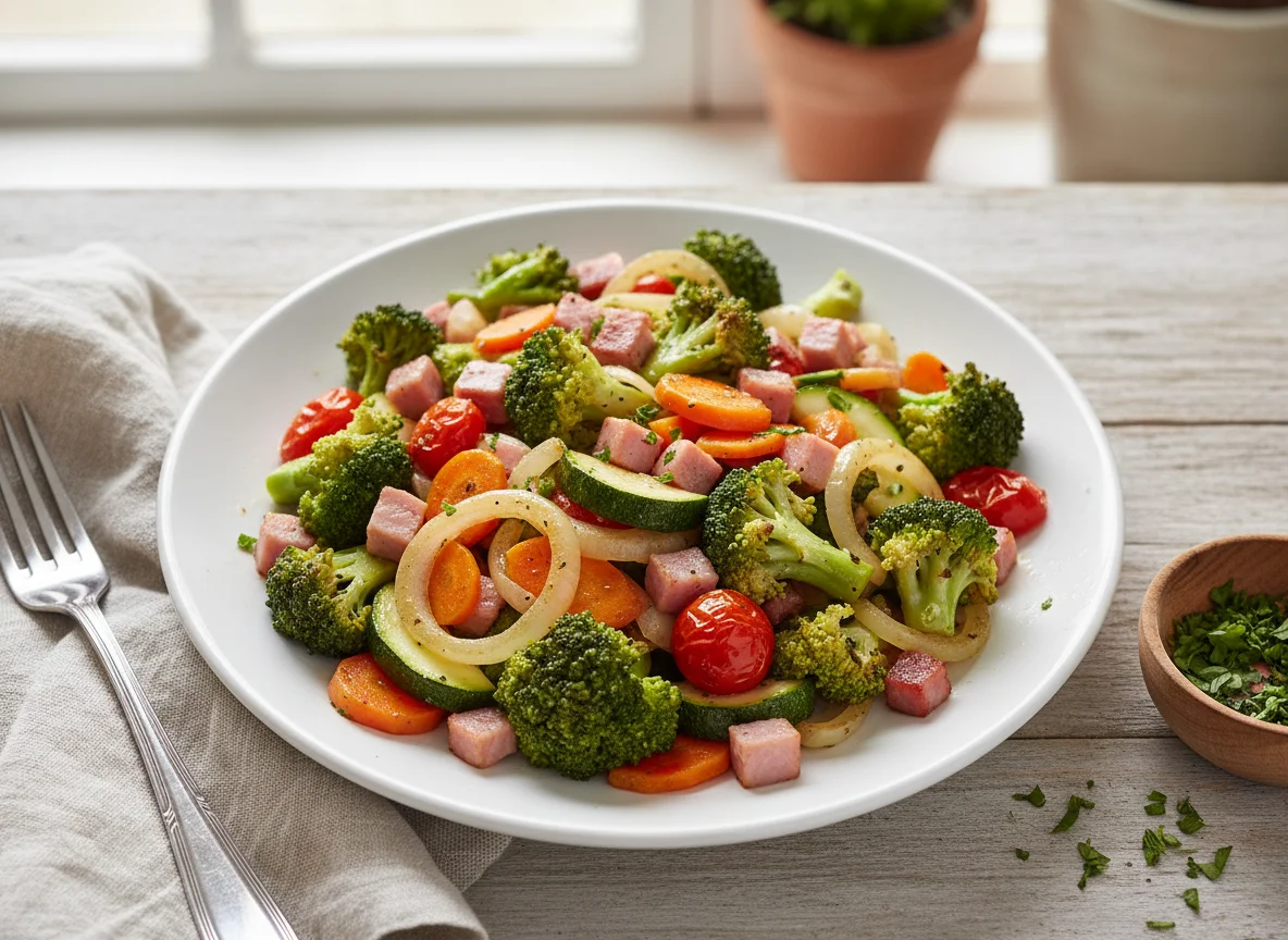 Brokkoli-Gemüsepfanne mit Schinken und Zwiebeln photo