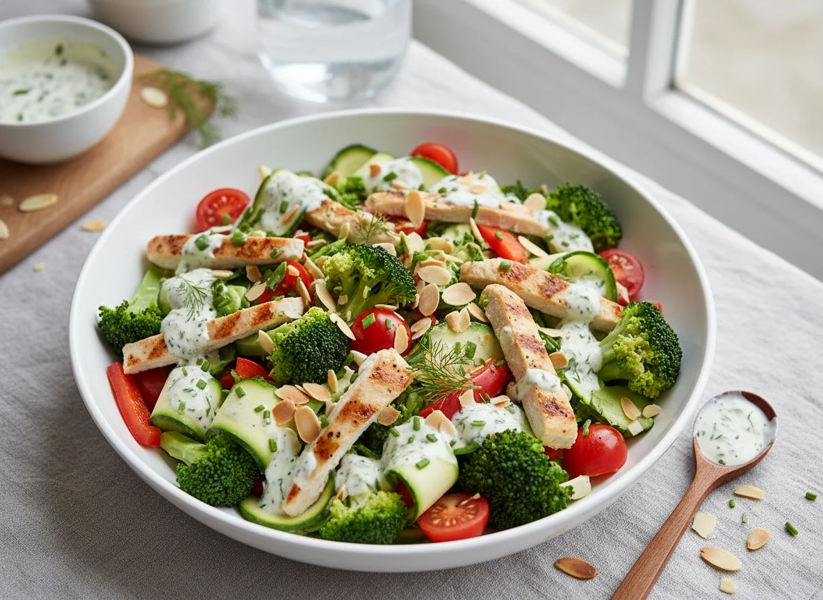 Brokkoli-Hähnchen-Salat mit Mandeln photo