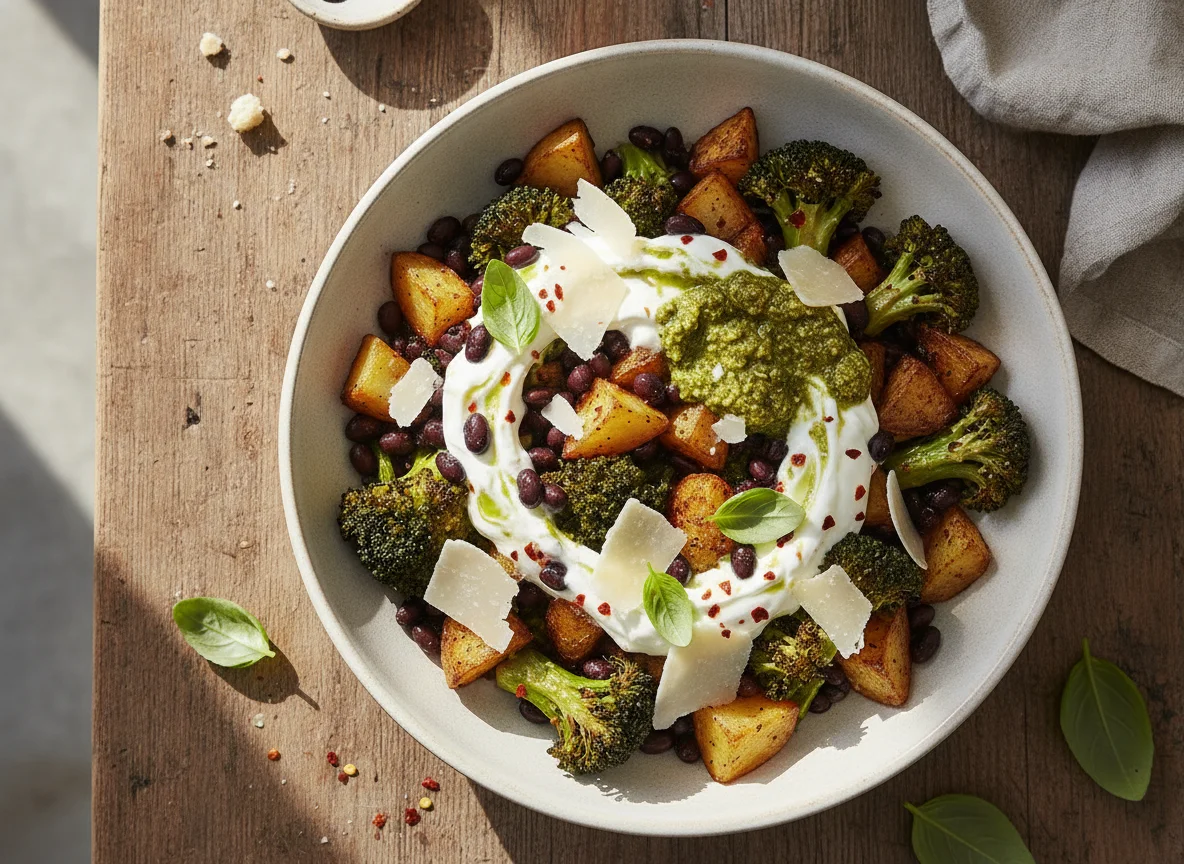 Brokkoli-Kartoffel-Bowl mit schwarzen Bohnen und Joghurt-Dip photo