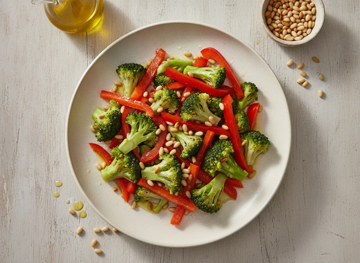 Brokkoli-Paprika-Salat mit Pinienkernen photo