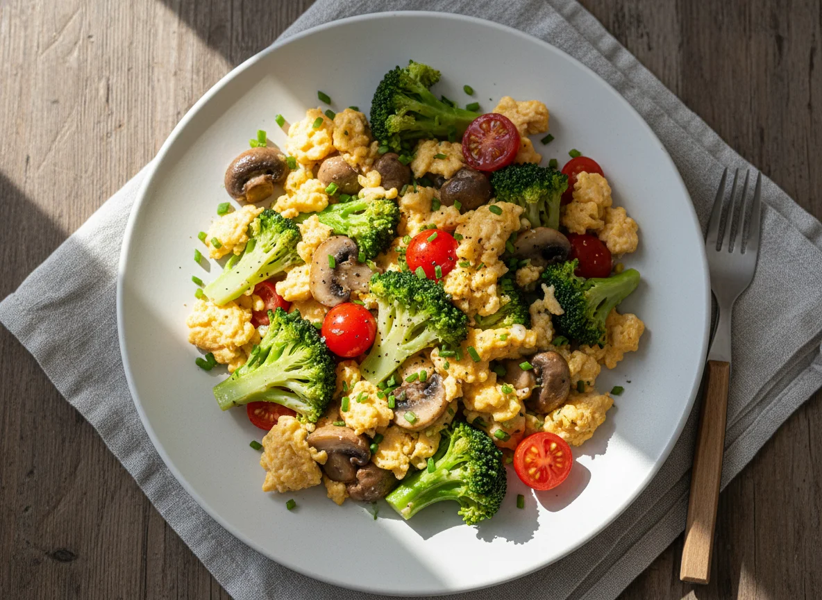 Brokkoli-Rührei mit Tomaten und Pilzen photo