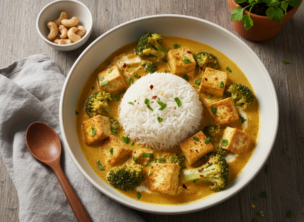 Brokkoli-Tofu-Curry mit Reis photo