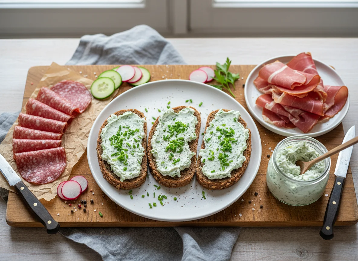 Brot mit Aufschnitt und Frischkäse photo