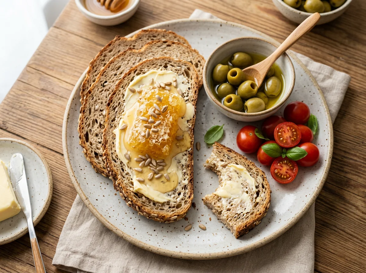 Brot mit Aufstrich, Oliven und Tomaten photo