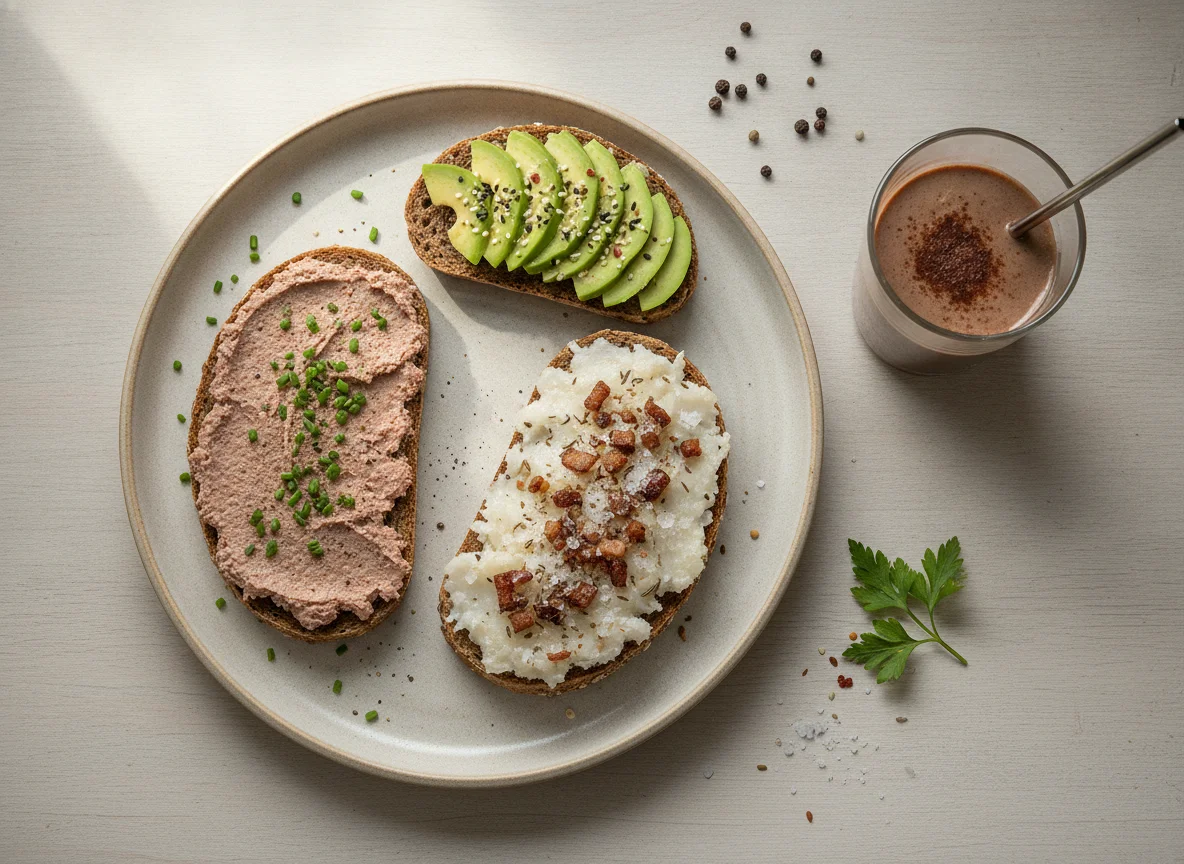 Brot mit Aufstrich und Avocado, dazu Smoothie photo
