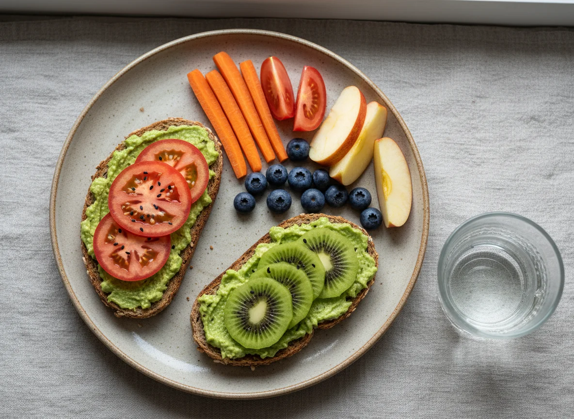 Brot mit Aufstrich und gemischtem Obst und Gemüse photo