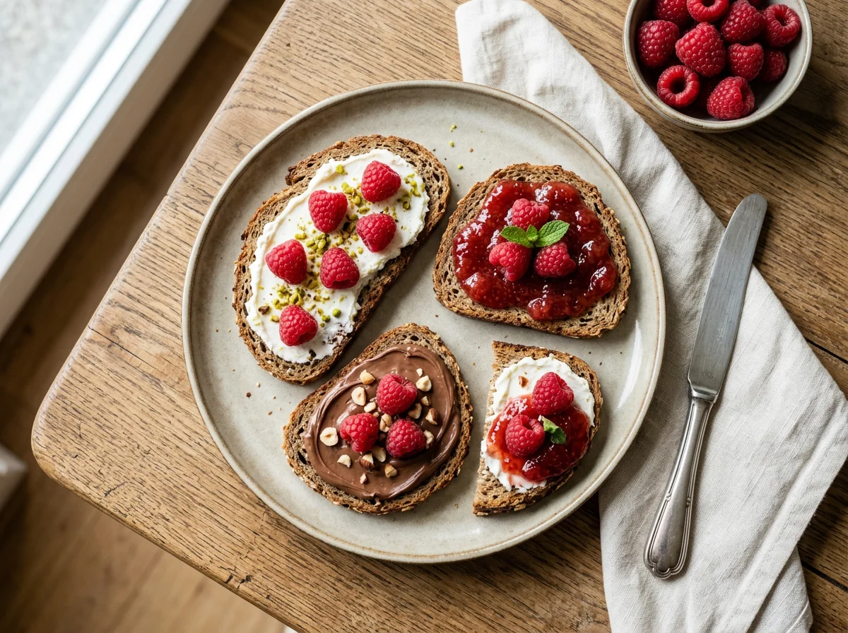 Brot mit Aufstrich und Himbeeren photo