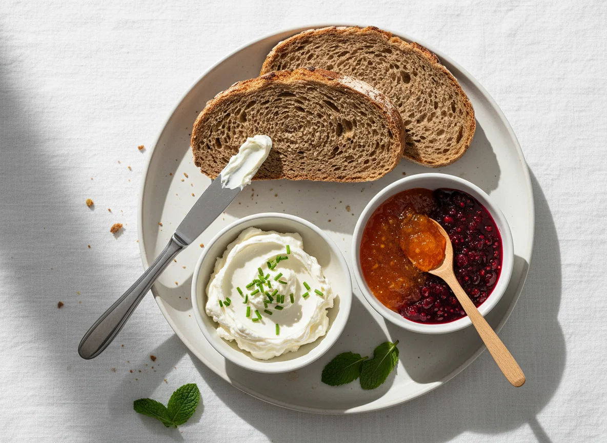 Brot mit Aufstrich und Marmelade photo