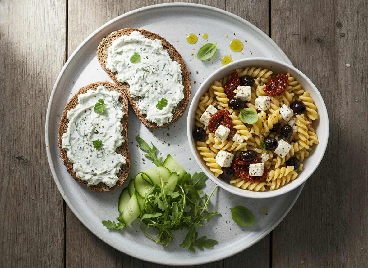 Brot mit Aufstrich und Nudelsalat photo