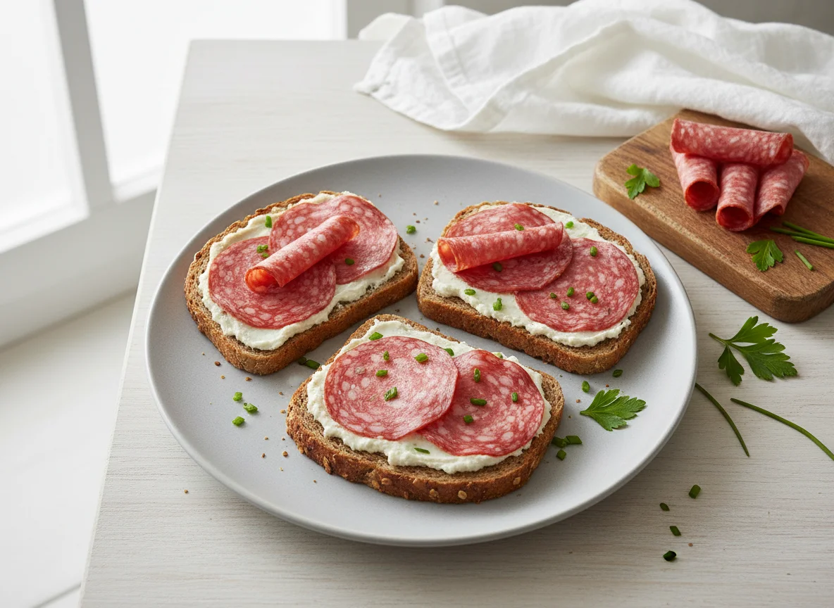 Brot mit Aufstrich und Salami photo