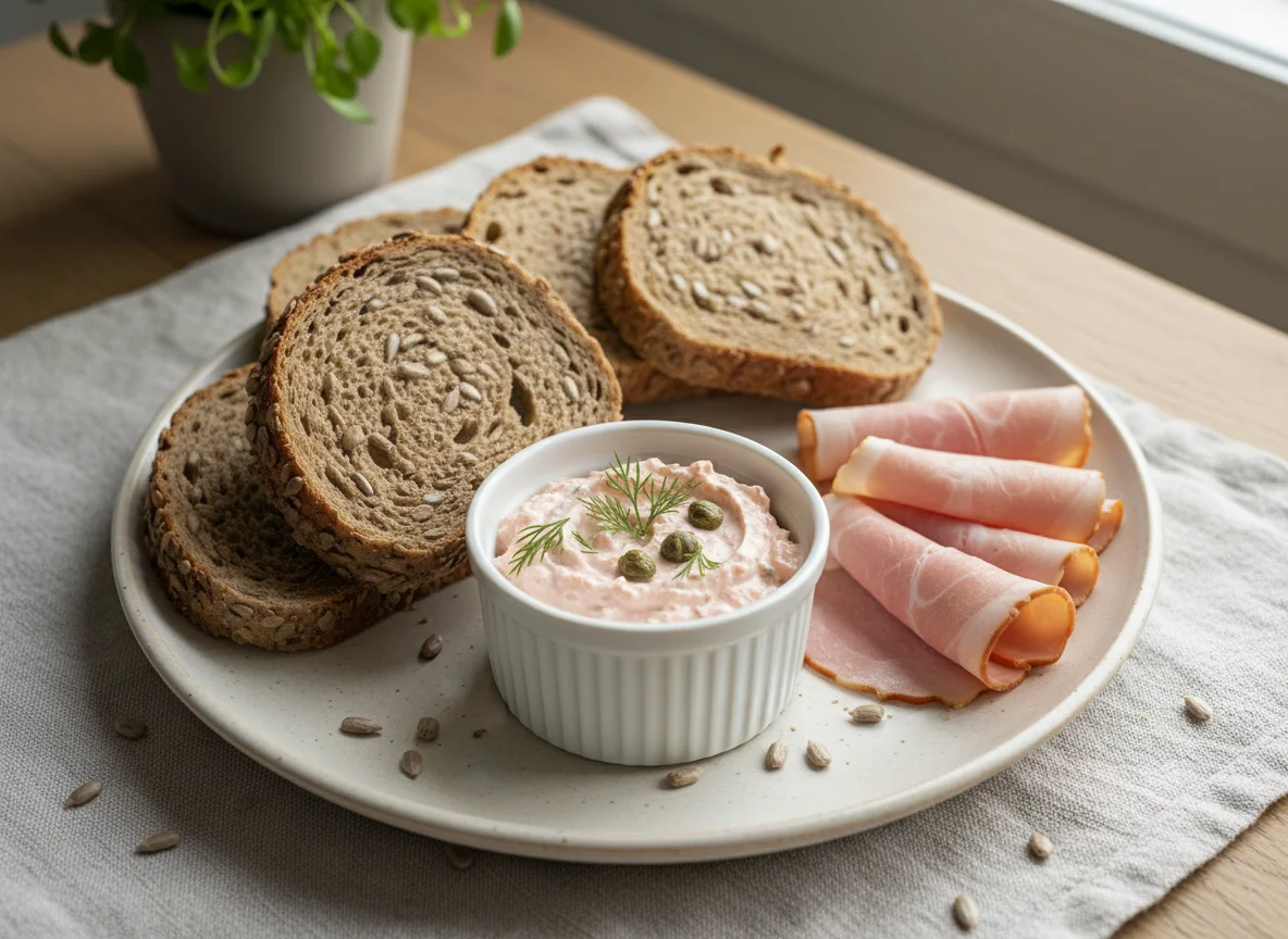 Brot mit Aufstrich und Schinken photo