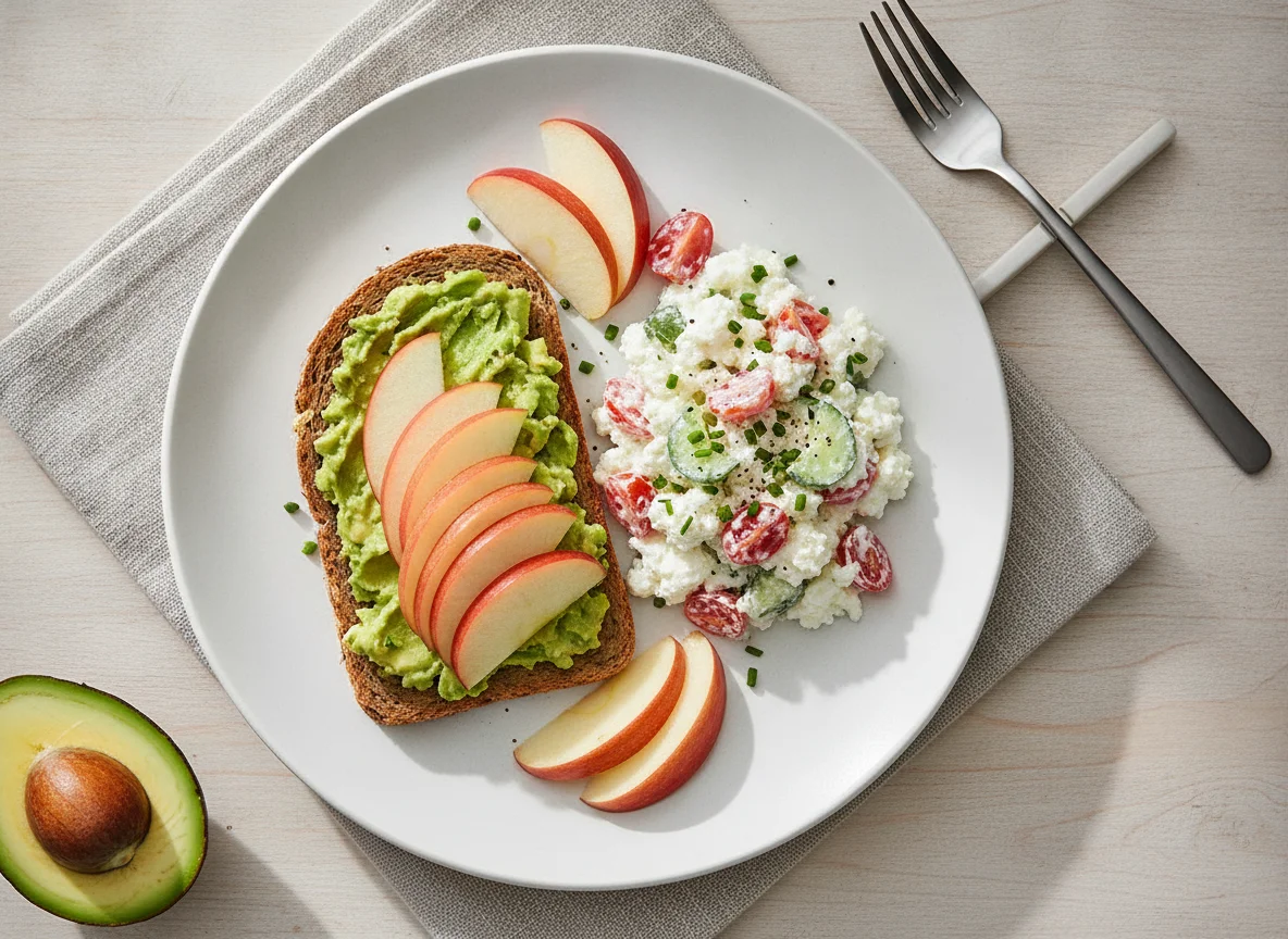Brot mit Avocado, Apfelspalten und Hüttenkäse-Salat photo