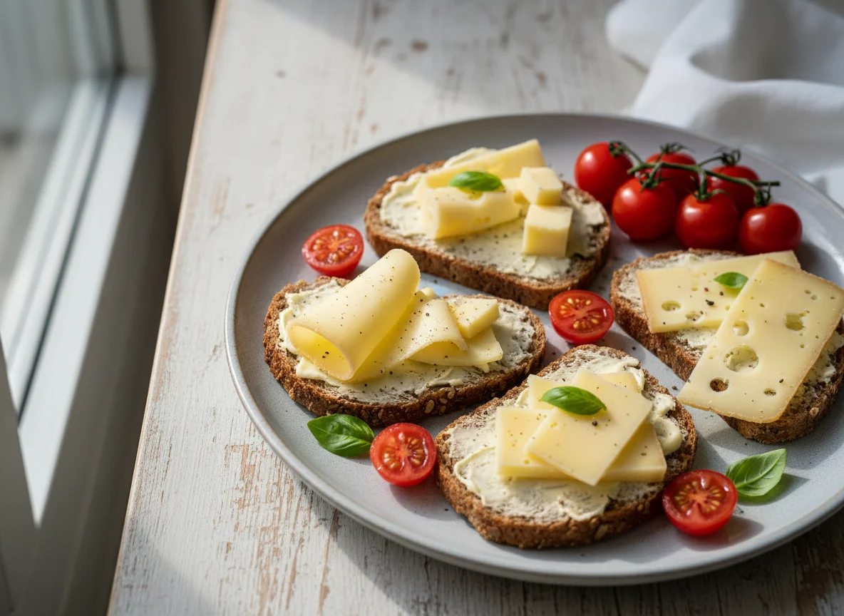 Brot mit Butter, Käse und Tomaten photo