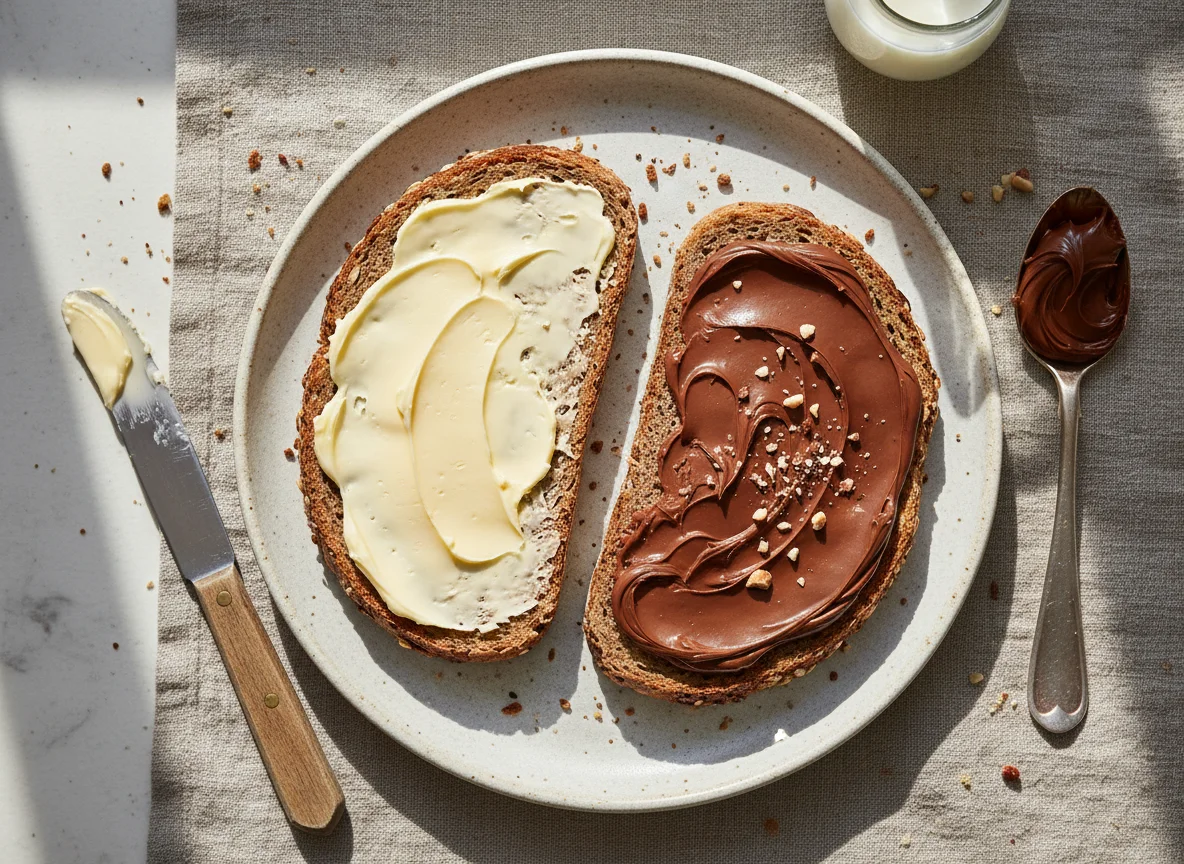 Brot mit Butter und Nuss-Nougat-Creme photo