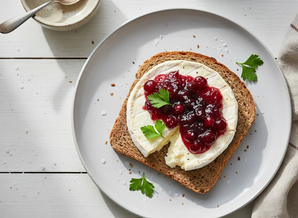 Brot mit Camembert und Preiselbeeren photo
