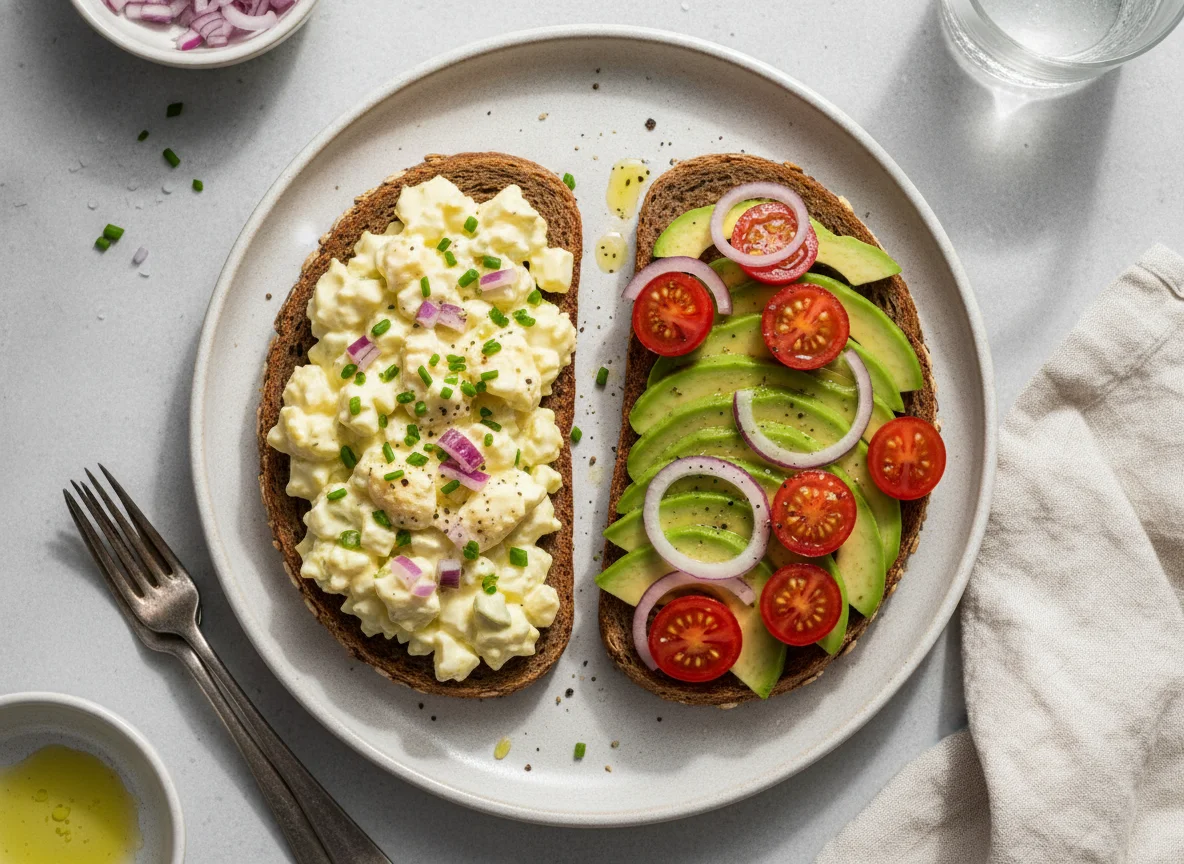 Brot mit Eiersalat und Avocado photo