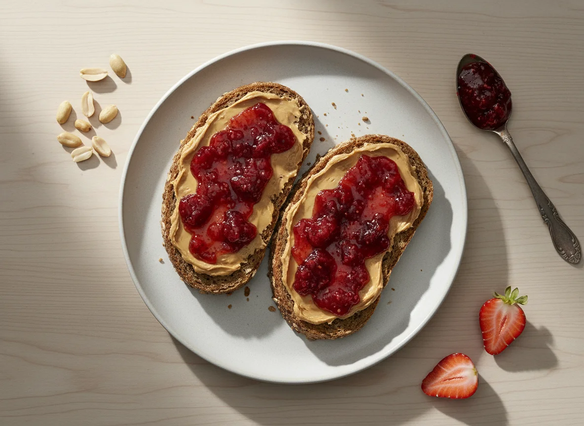 Brot mit Erdnussbutter und Marmelade photo