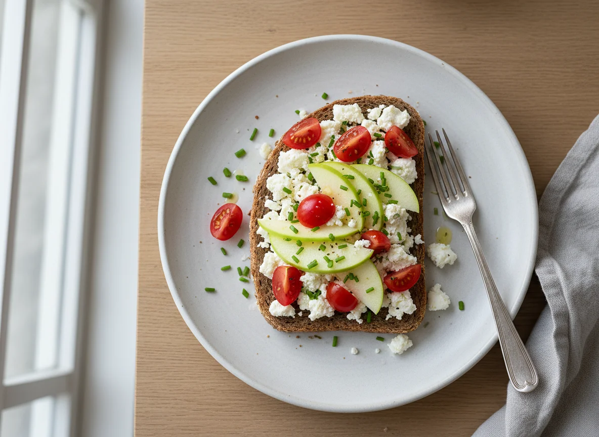Brot mit Feta, Tomaten und Apfel photo