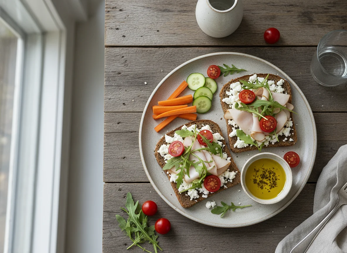 Brot mit Feta, Tomaten und Beilagen photo