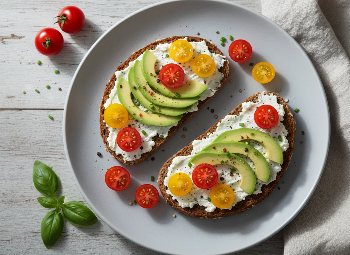Brot mit Frischkäse, Avocado und Tomaten photo