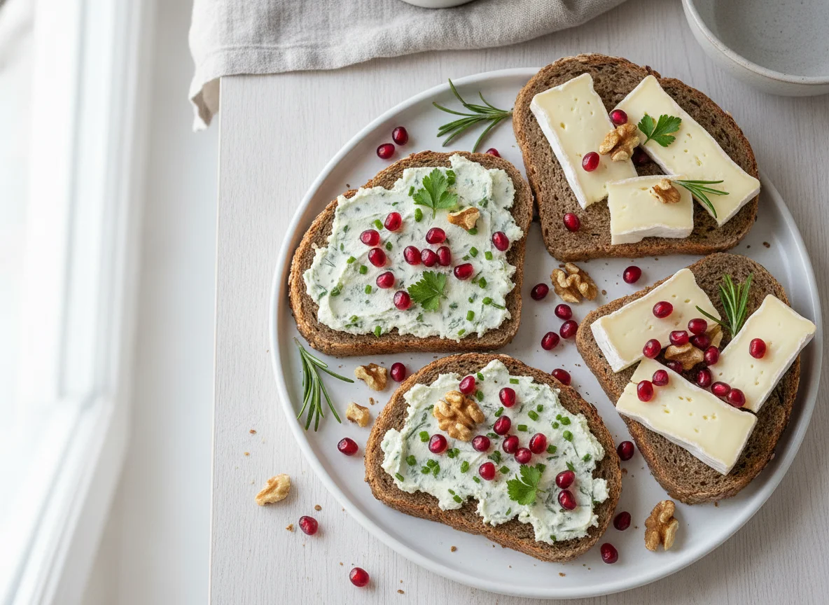 Brot mit Frischkäse, Granatapfel und Rosmarin photo