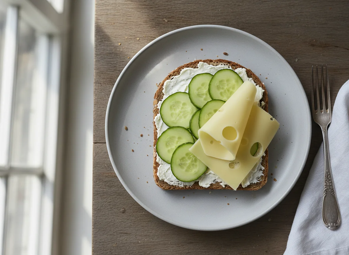 Brot mit Frischkäse, Gurke und Käse photo