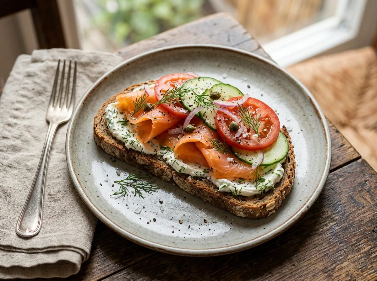 Brot mit Frischkäse, Lachs und Gemüse photo