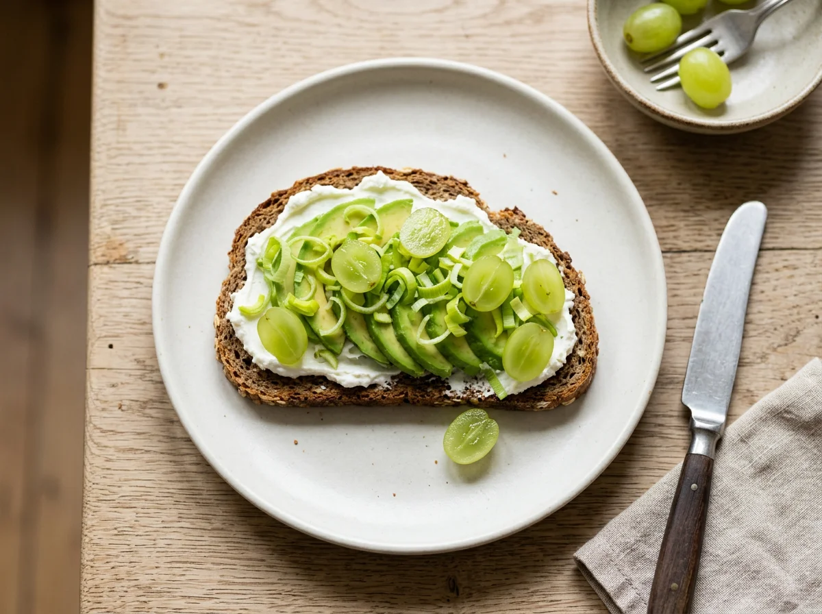 Brot mit Frischkäse, Lauch, Avocado und Trauben photo