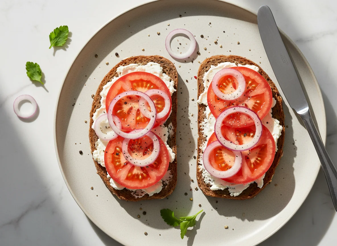 Brot mit Frischkäse, Tomate und Zwiebel photo