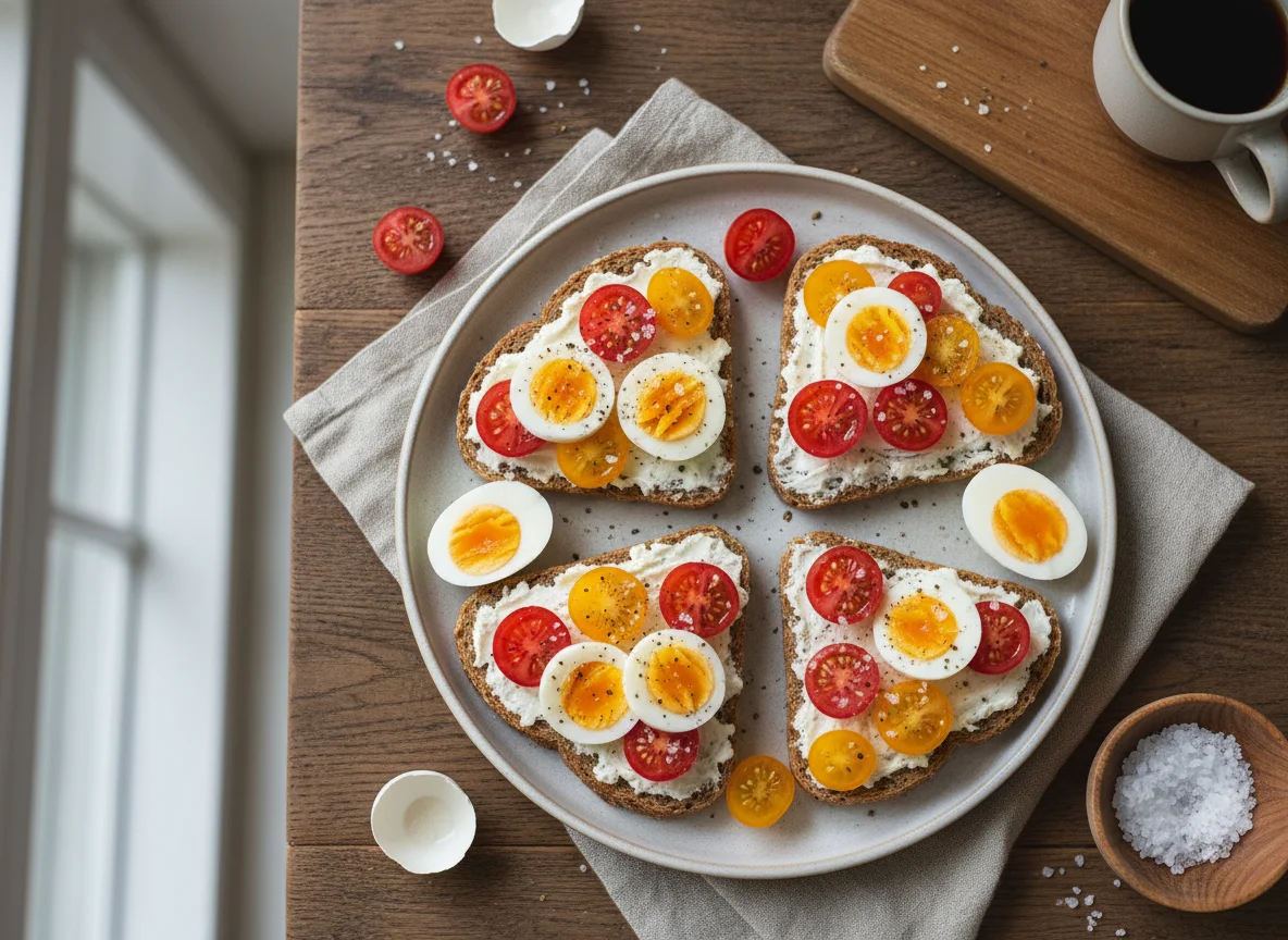 Brot mit Frischkäse, Tomaten und Eiern photo