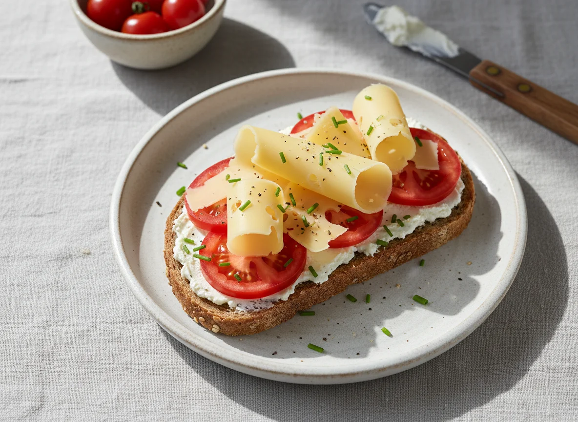 Brot mit Frischkäse, Tomaten und Käse photo