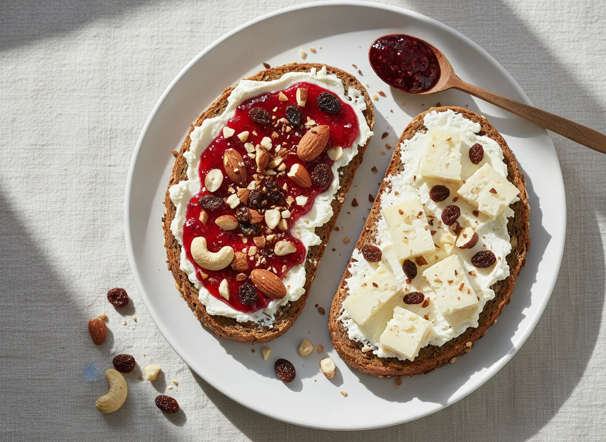 Brot mit Frischkäse und Beerenmarmelade mit Nüssen und Weichkäse photo