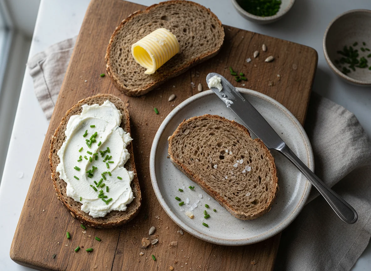 Brot mit Frischkäse und Butter photo