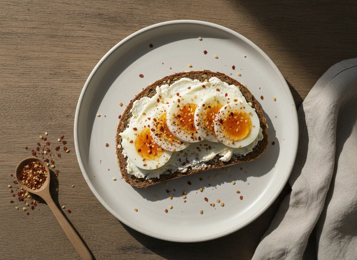 Brot mit Frischkäse und Ei photo