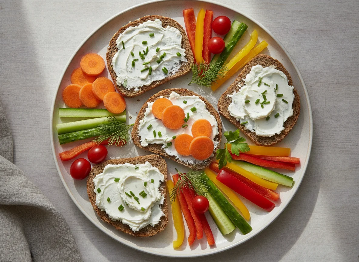 Brot mit Frischkäse und Gemüsesnacks photo