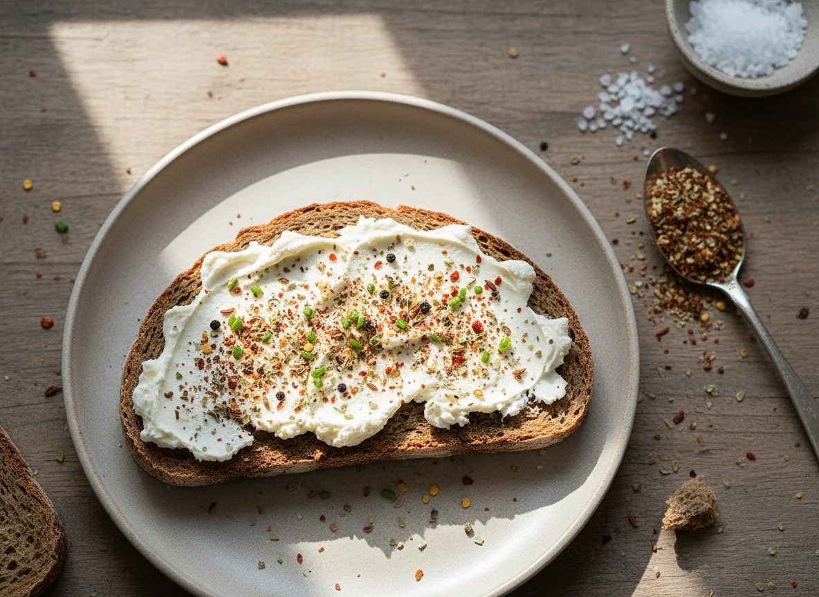 Brot mit Frischkäse und Gewürzen photo