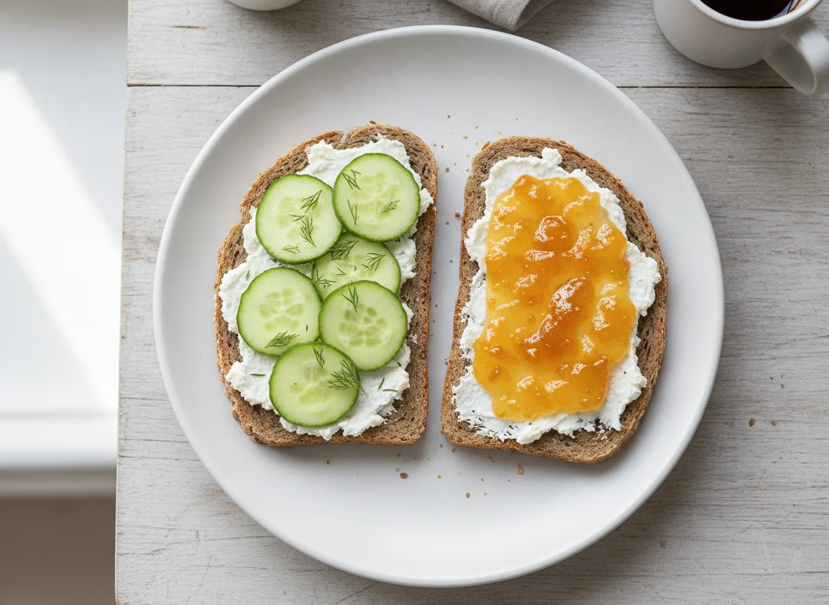 Brot mit Frischkäse und Gurke, Brot mit Frischkäse und Konfitüre photo