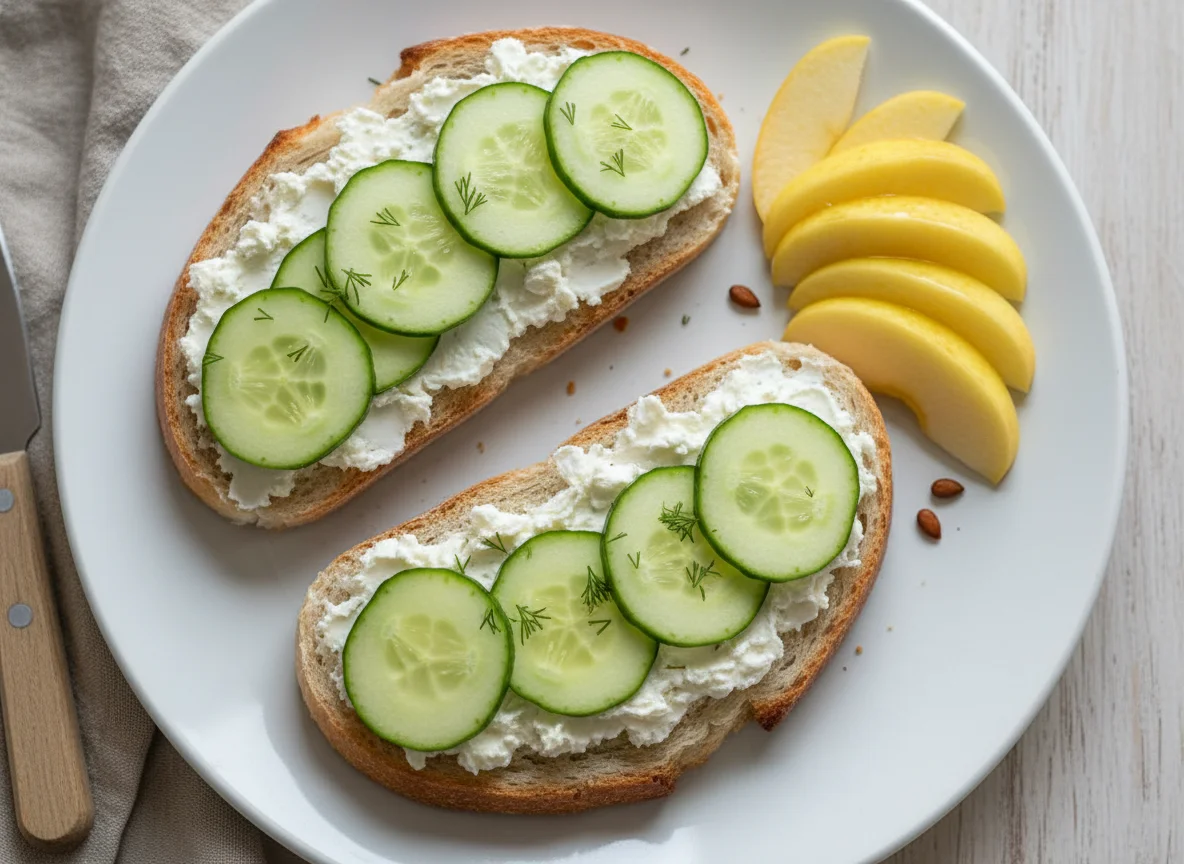 Brot mit Frischkäse und Gurke, dazu Apfelspalten photo