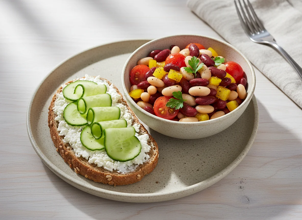 Brot mit Frischkäse und Gurke, dazu Bohnensalat photo