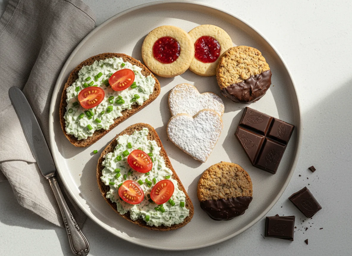 Brot mit Frischkäse und Kirschtomaten, dazu Gebäck photo