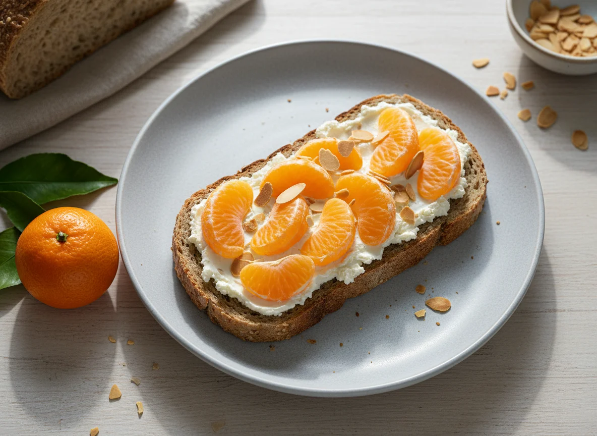Brot mit Frischkäse und Mandarinen photo