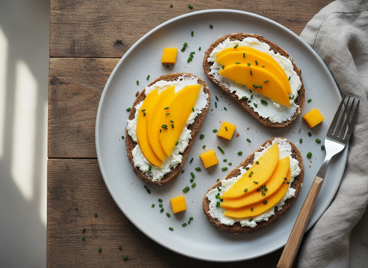 Brot mit Frischkäse und Mango photo