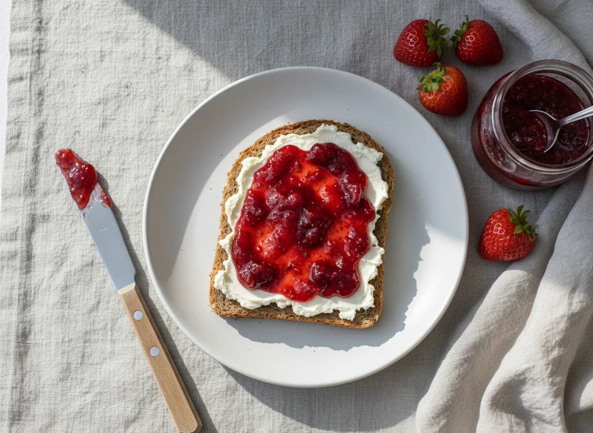 Brot mit Frischkäse und Marmelade photo