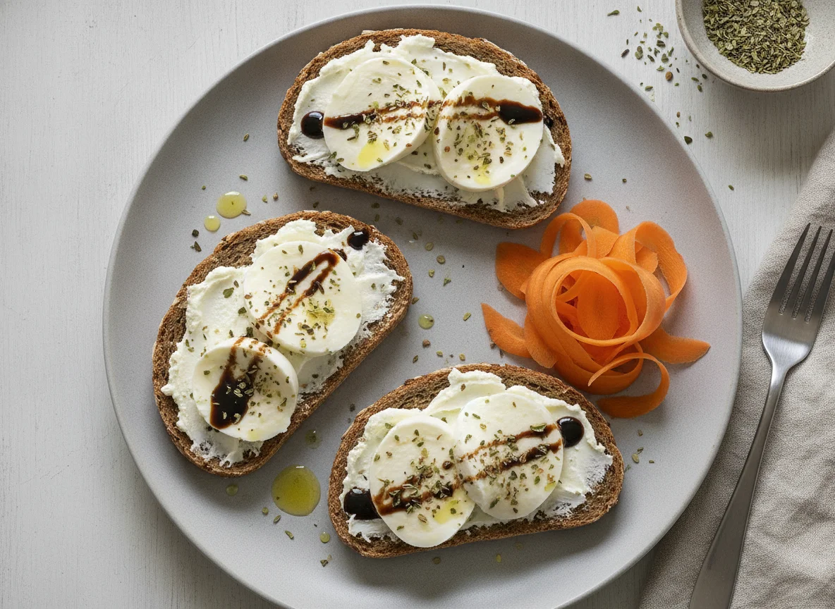 Brot mit Frischkäse und Mozzarella mit Karotten photo