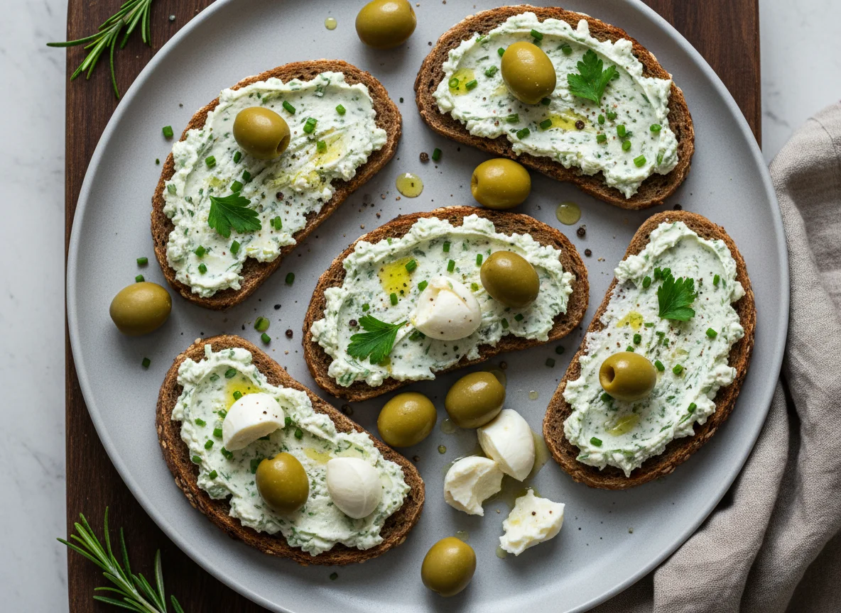 Brot mit Frischkäse und Oliven photo